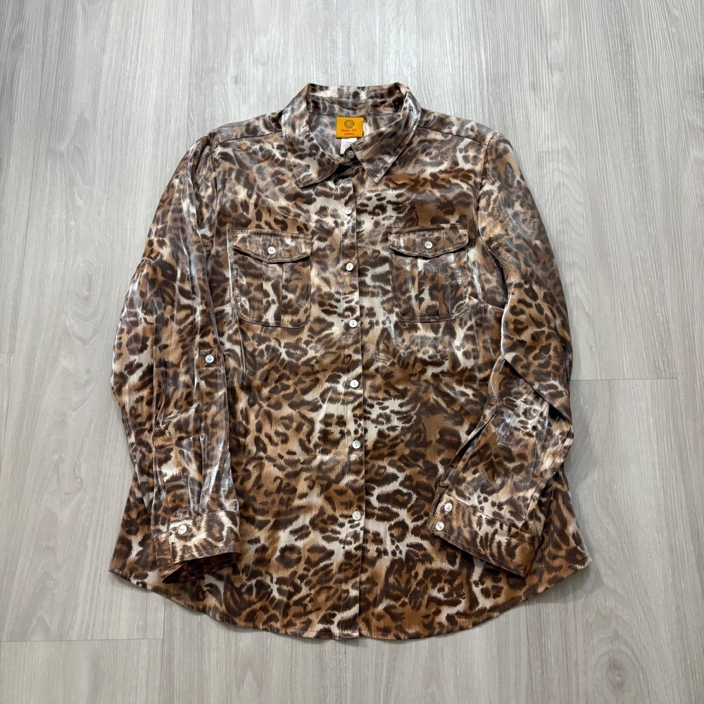 Ruby Rd Women Shirt Leopard Print Metallic Button Front Blouse Top Brown Tan 18W